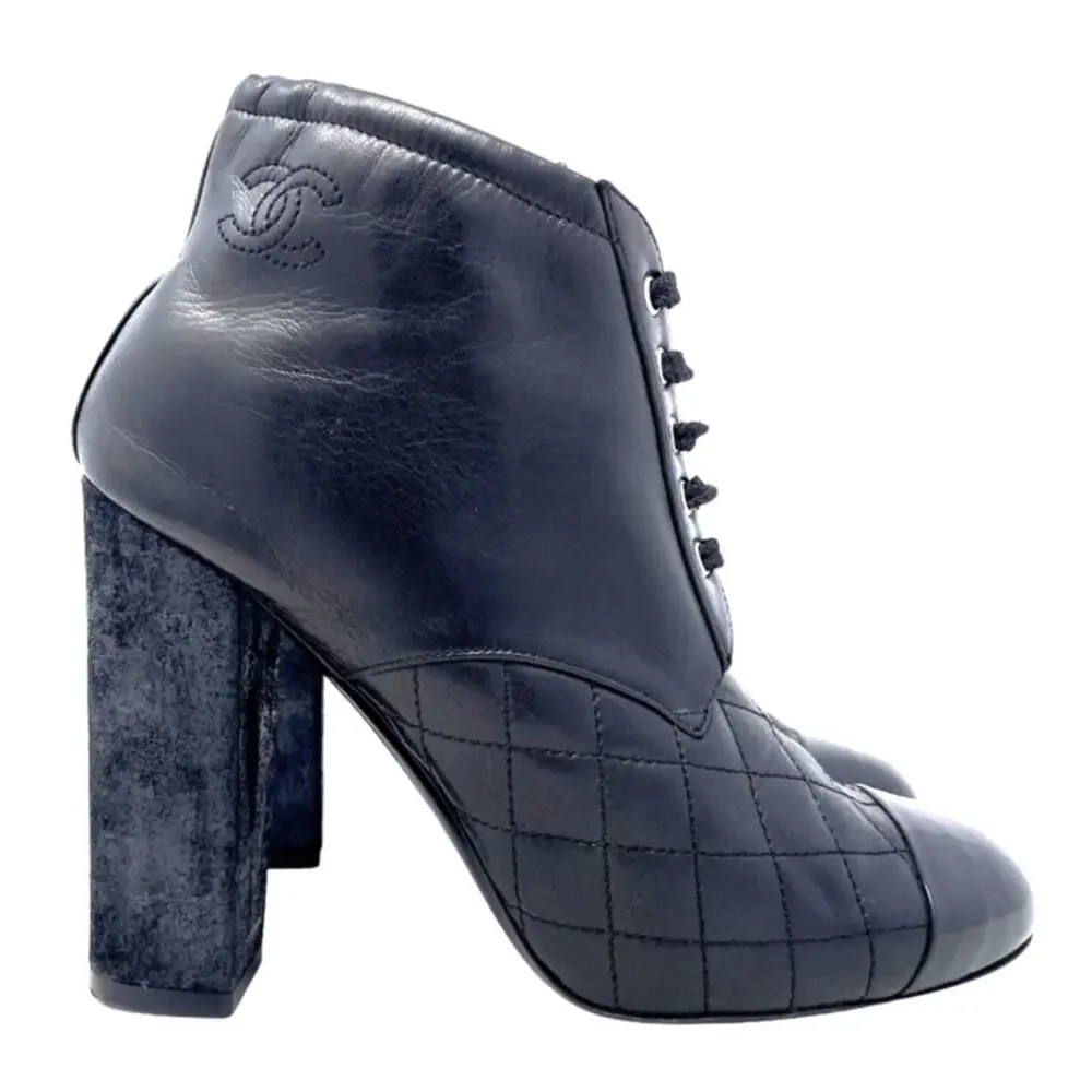 Chanel Heels Black Leather Shoes Ankle Boots CC Logo Quilted Cap Toe EU 37